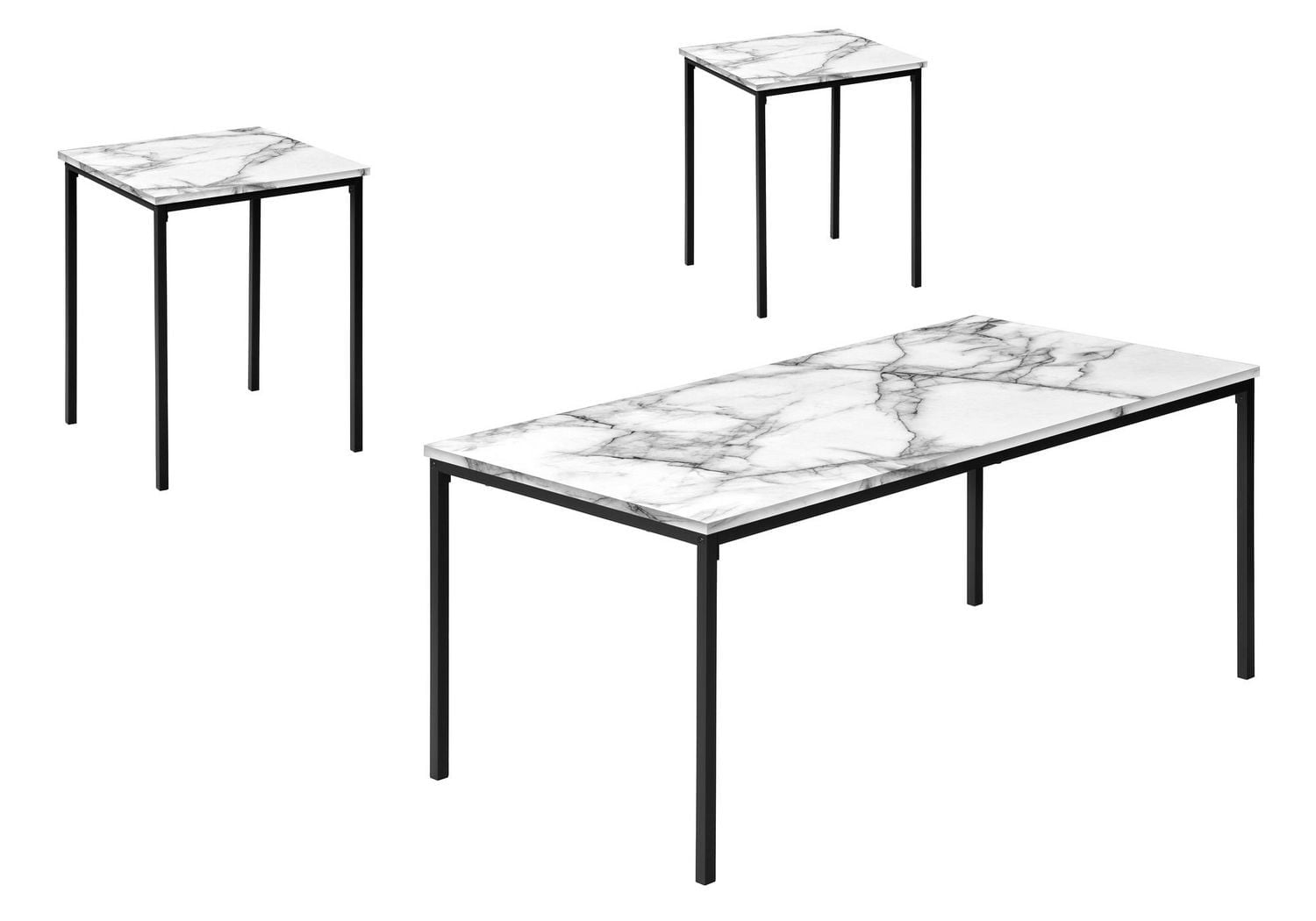 Monarch Specialties  Ensemble De Tables, Ensemble De 3 Pièces, Café, Bout, Métal Noir, Stratifié Aspect Marbre Blanc, Contemporain, Moderne