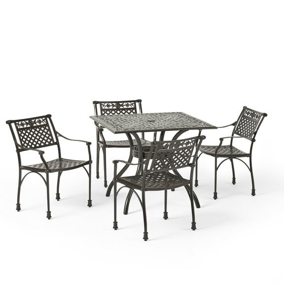 GDF Studio Mikell Outdoor Traditional Aluminum 5 Piece Dining Set, Hammered Bronze