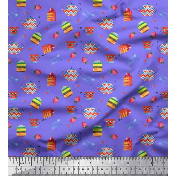 Soimoi Poly Georgette Fabric Cup,Kettle & Cake Slice Food Print Fabric by Yard 52 Inch Wide