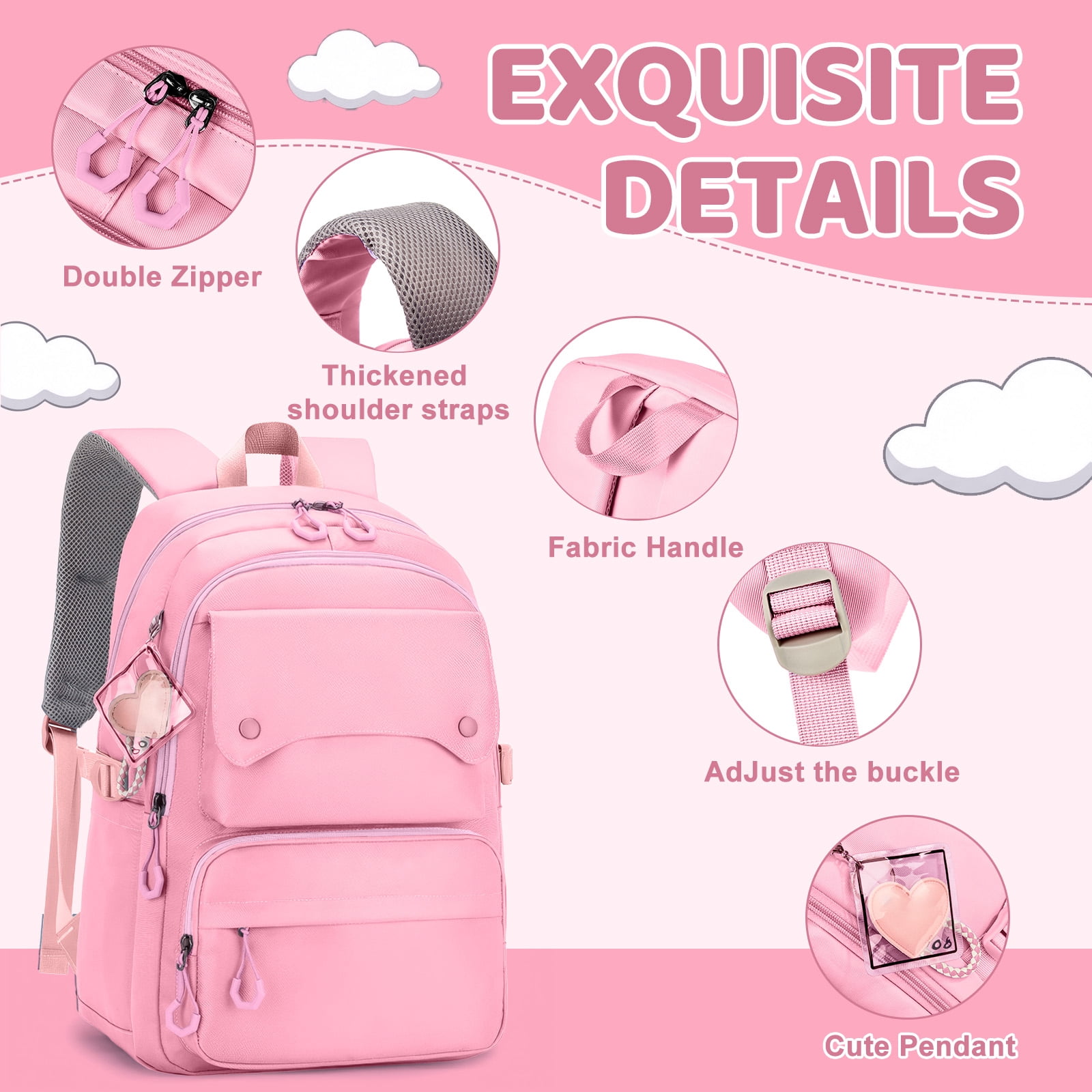 Inadays School Backpack, Large Capacity Bookbag for 15.6 Inch Laptop, Water-Resistant Cute Girlish Backpacks for Teen Adults Tween, Lightweight Travel Daypack for Primary Middle School College, Pink