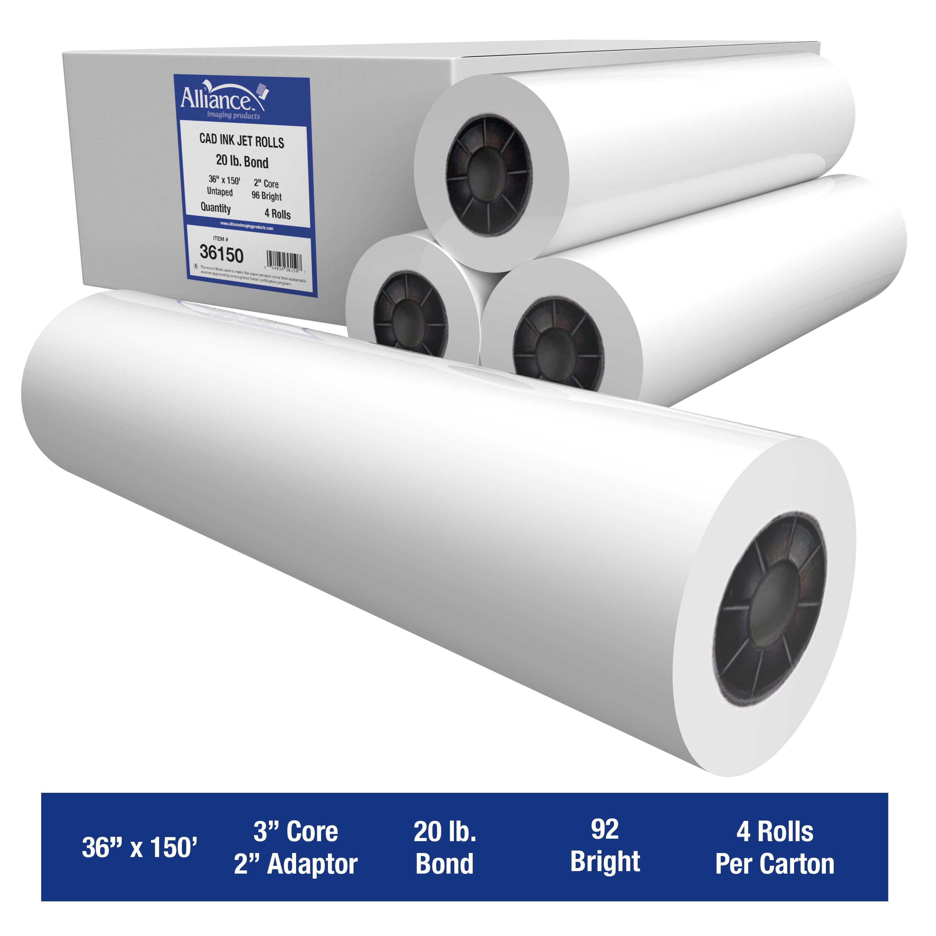 Alliance Wide Format Paper 36" x 150' Rolls CAD Bond 92 Bright, 20lb - 4 Rolls Per Carton with 2" core (36150)