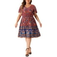 thumbnail image 2 of GRACE & GRANDEUR Robe Midi d'Été Bohème à Fleurs pour Femme Grande Taille, Col en V, Manches Courtes Évasées 4X Bleu Rouge, 2 of 6