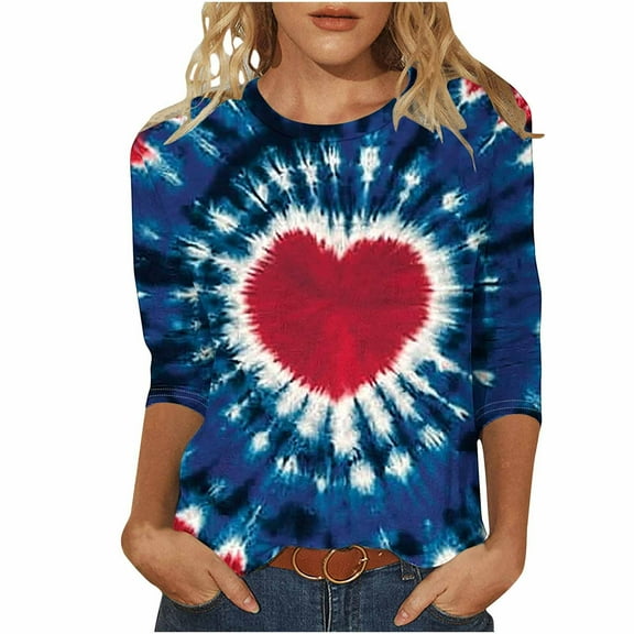 Valentines Day Shirts Womens Love Heart Printed Graphic Tee 3/4 Sleeve Crew Neck Casual Tshirts Holiday Tops (XL, Navy)