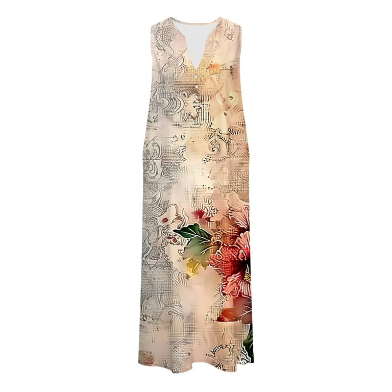 Lorytime Womens Summer Dresses Long Button V Neck Maxi Dress