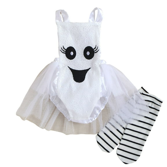 WeeBloom Girls Halloween Outfits Kids Floral Cotton Print Sleeveless Hallowmas Romper Bodysuit Socks Clothes Girl Outfit,White 18-24 Months