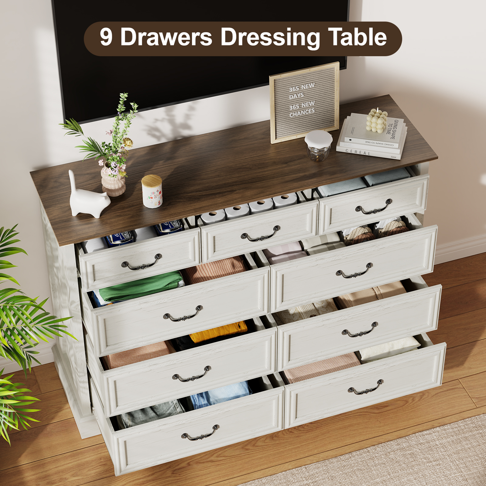 Vintage 9-Drawer Dresser with Antique Handles - Versatile Chest of Drawers for Bedroom, Living Room, Entryway & Hallway
