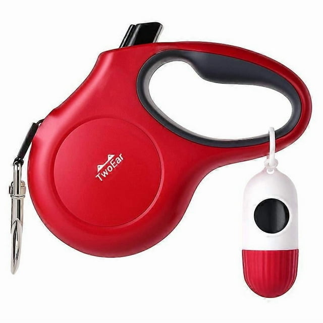 Retractable Dog Leash with Dispenser and Poop Bags, 16 ft Pet Walking Leash, Anti-Slip Handle, Tangle Free, Reflective Nylon Tape (M, Red)