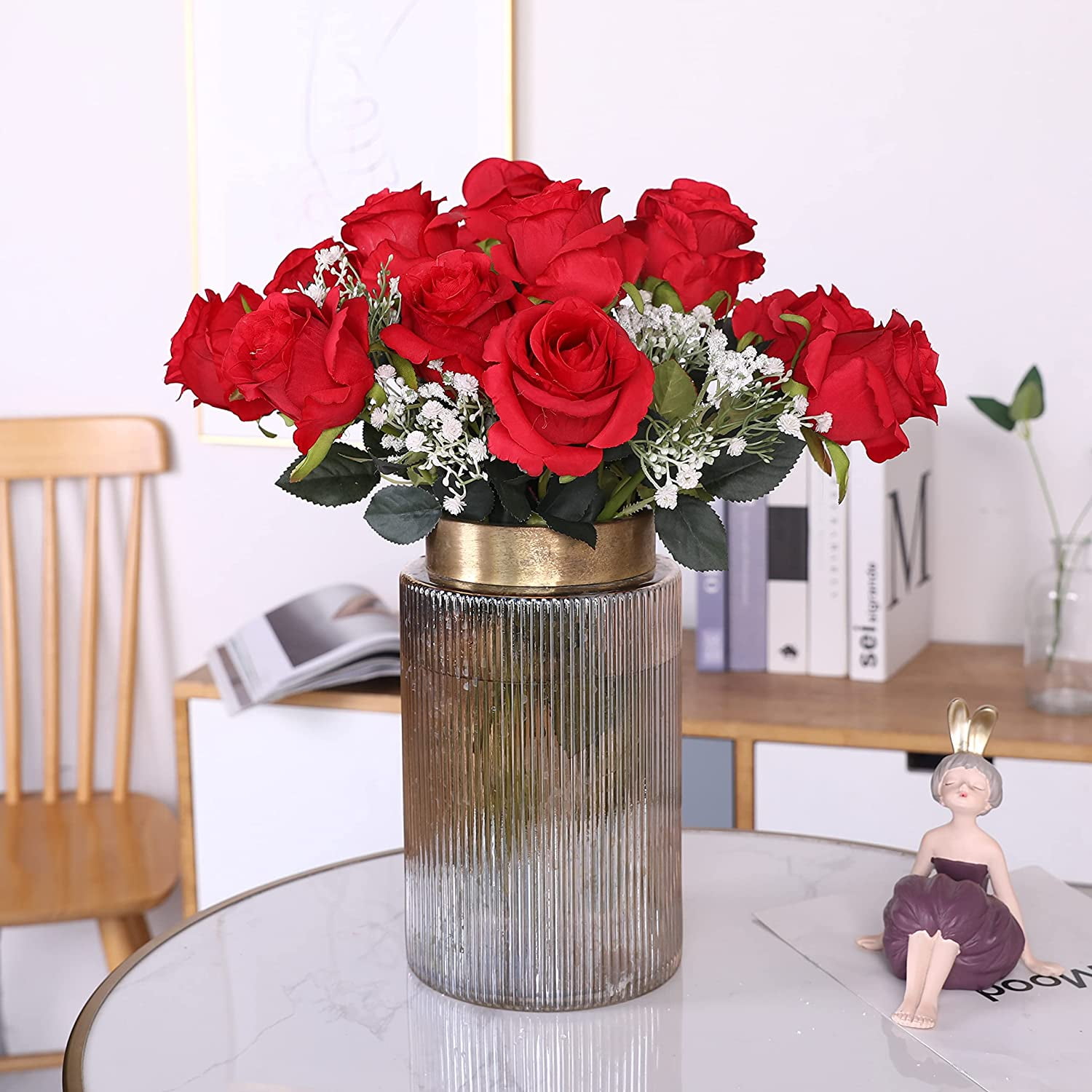Artificial Flowers 10 PCS Silk Roses with Long Stems Faux Realistic Roses for Wedding Bouquets Table Centerpieces Party Home Decor(Champagne)