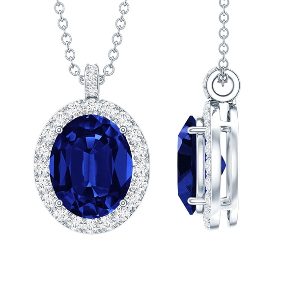 Rosec Jewels Lab Grown Blue Sapphire Necklace in Silver - with Chain - (8X10 mm Oval, 4 Ct, AAAA Grade) - September Birthstone