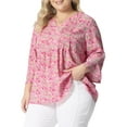thumbnail image 4 of Agnes Orinda Women's Plus Size Pleated V Neck 3/4 Sleeves Floral Blouse 1X Pink, 4 of 6