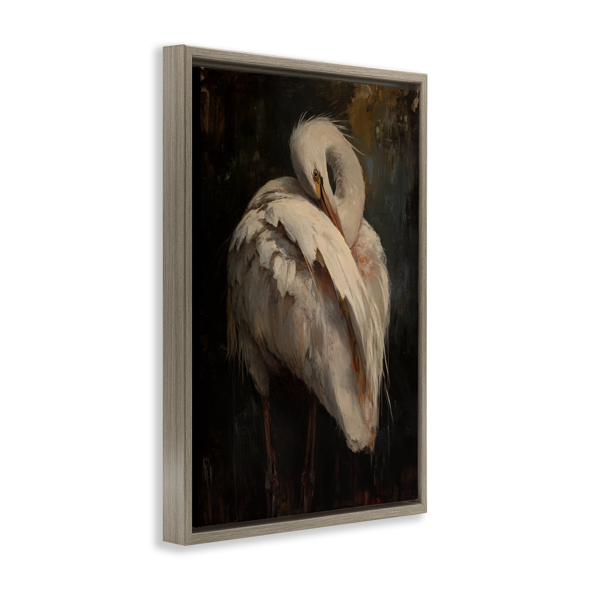 Stupell Industries Sleeping Egret in Golden Light Brown Framed Floater Canvas Wall Art, design by Petal Prints Design