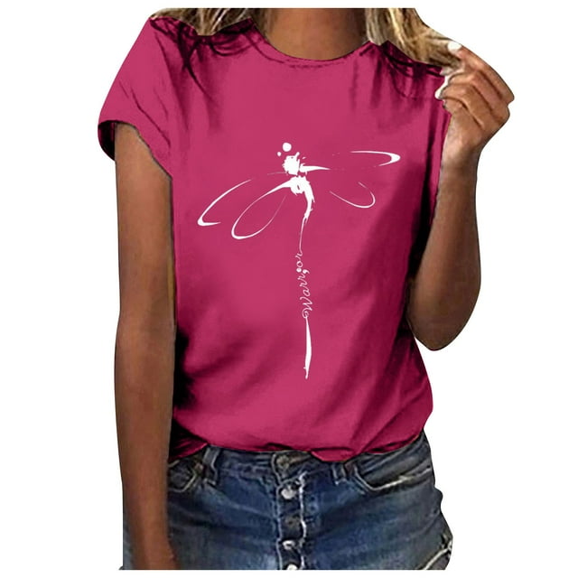 Fgnfyis Hauts pour Femmes T-Shirt Court Chemise Décontractée Tunique à Manches Imprimé Col Rond Lettres Hauts Blouse T-Shirts à Manches Courtes pour Femmes Rose Vif P