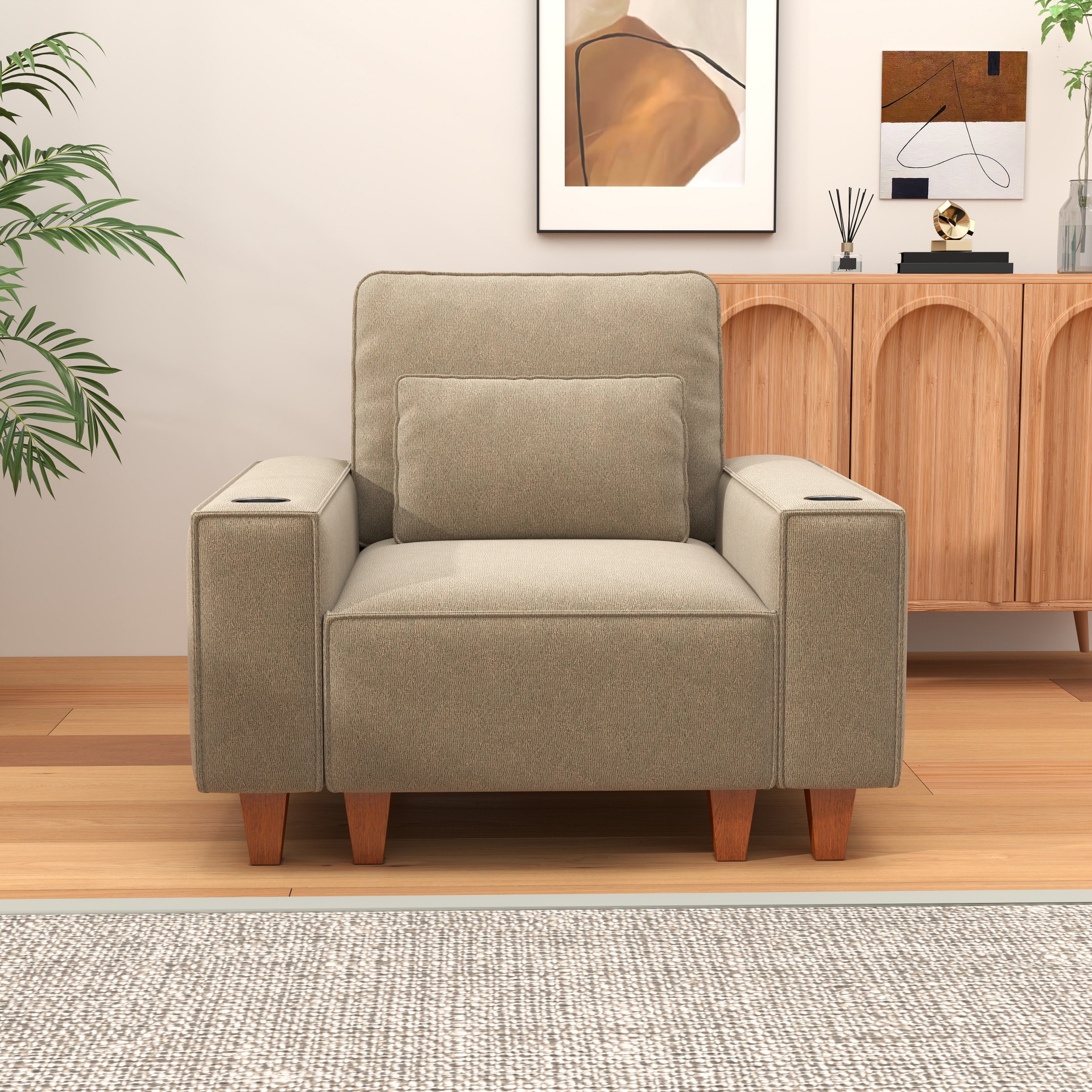 BSHTI Chenille Deep Seat Single Sofa Chair with Brushed Stainless Steel Cup Holder and Decorative Pillow – Modern Cozy Accent Chair for Living Room