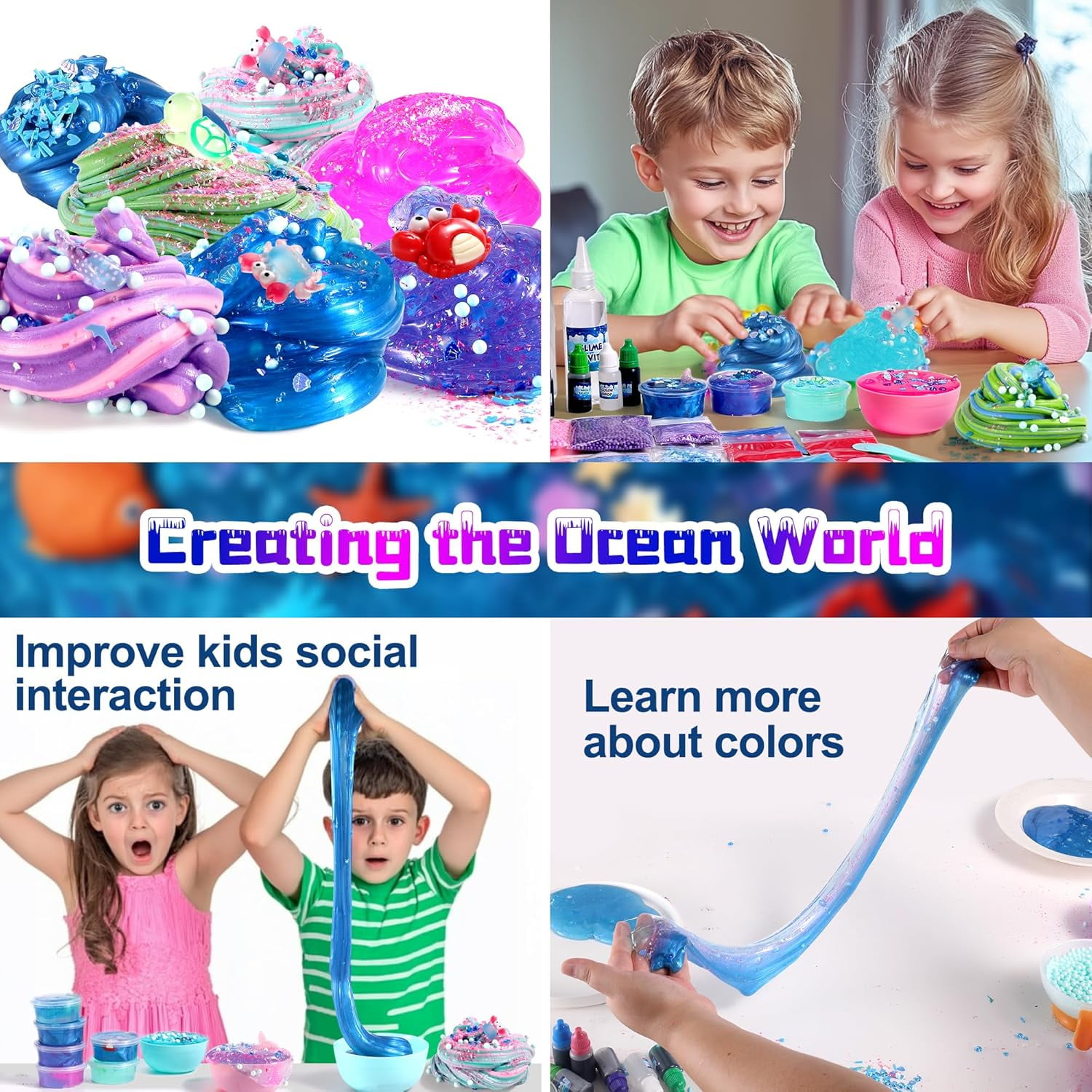 Ocean Slime Kit For Kids, Large Non-Sticky Soft Sludge And Metallic Clay Set, Sensory Fidget Toy For Boys And Girls Ages 4-12, Ocean Blue