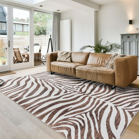 Gertmenian Crystal Print Zebra Modern Striped Ivory/Brown Area Rug 5ft x 7ft