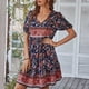 thumbnail image 4 of Vestido corto con dobladillo con volantes para mujer, vestido de manga corta para mujer, vestido corto con cuello en V para mujer, vestido con cuello en V y estampado floral, diseño de primera clase, 4 of 6
