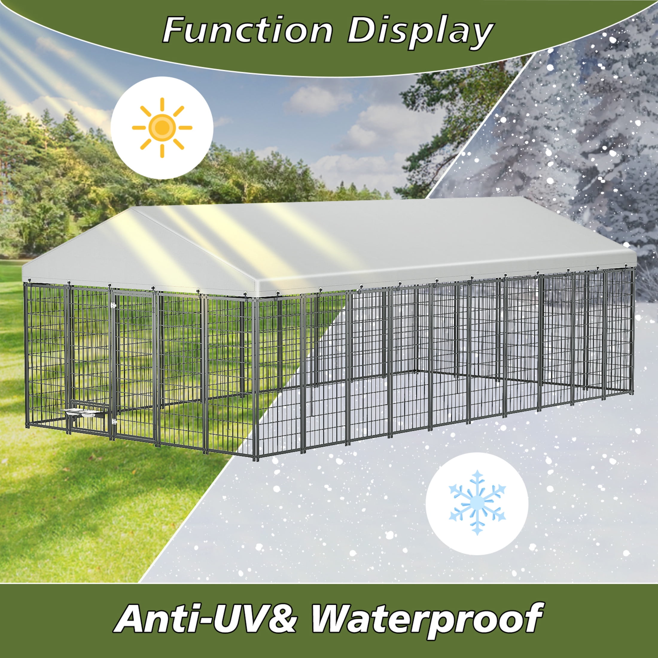 Noble House Large Outdoor Dog Kennel with Roof Cover, Metal Pet Pens 18.9'L x 9.61'W x 6.76'H, Black