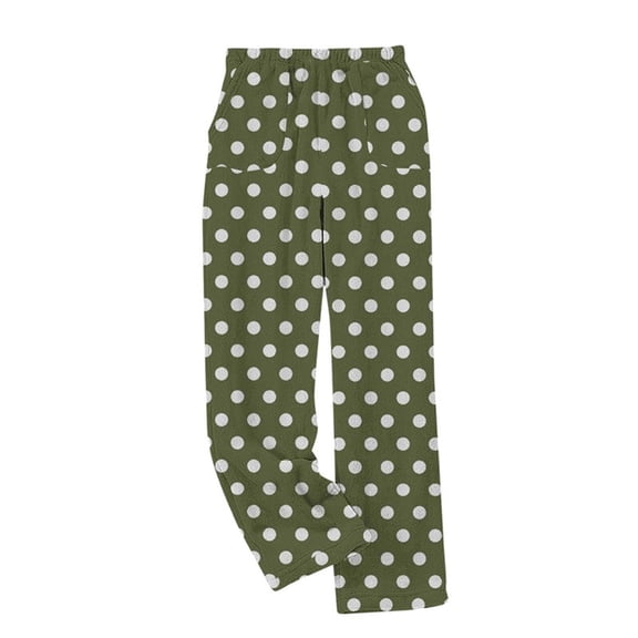 Womens Fleece Polka Dot Pants Elastic Wasit Wide Leg Casual Loose Lounge Pajama Pants Soft Fluffy Trouser with Pockets (2XL, Army Green)