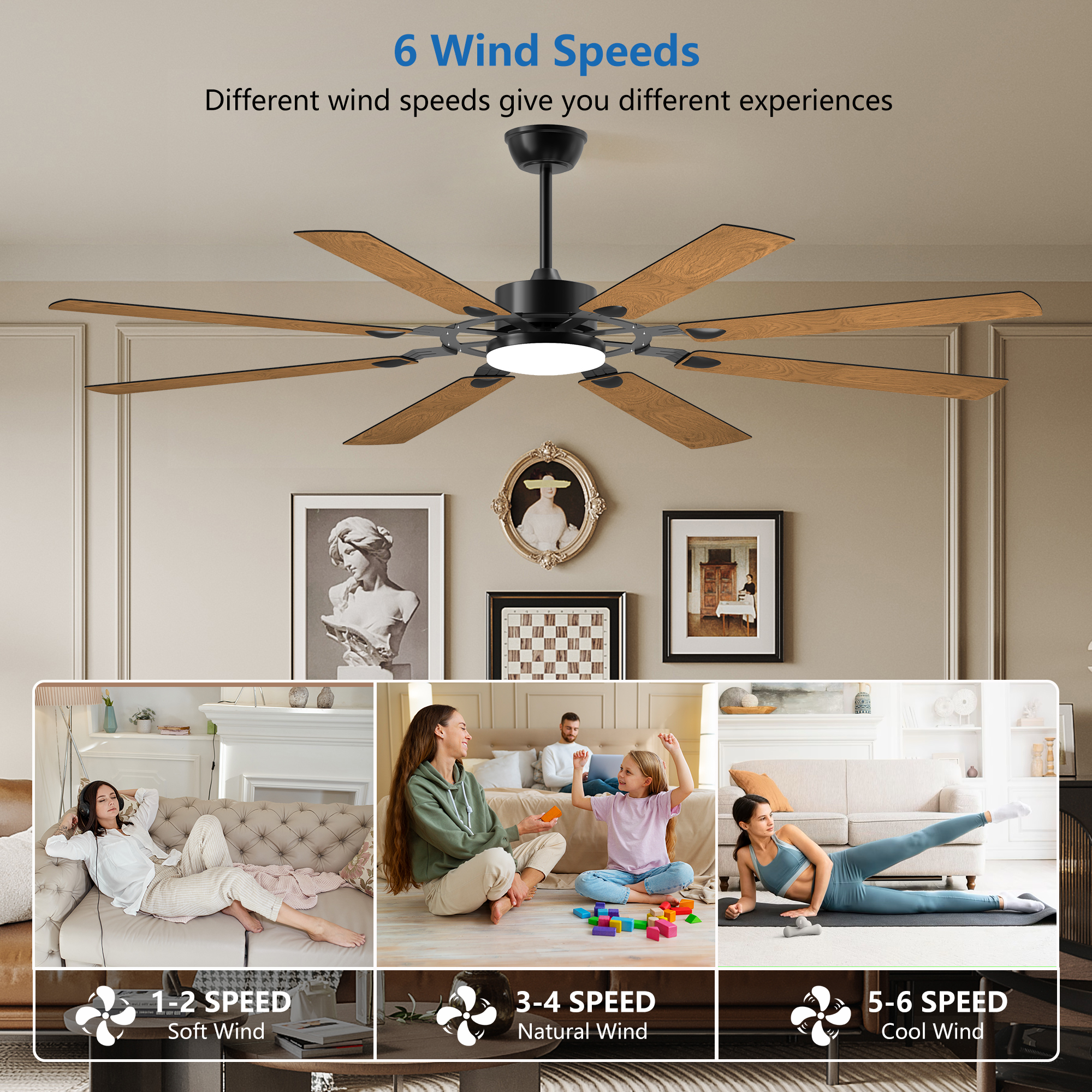 Leumius 72" Ceiling Fan with Lights and Remote Control, 8 Plywood Blades, 6-Speed Noiseless Reversible DC Motor, 3CCT, Windmill Ceiling fan for Kitchen Bedroom Living Room Black