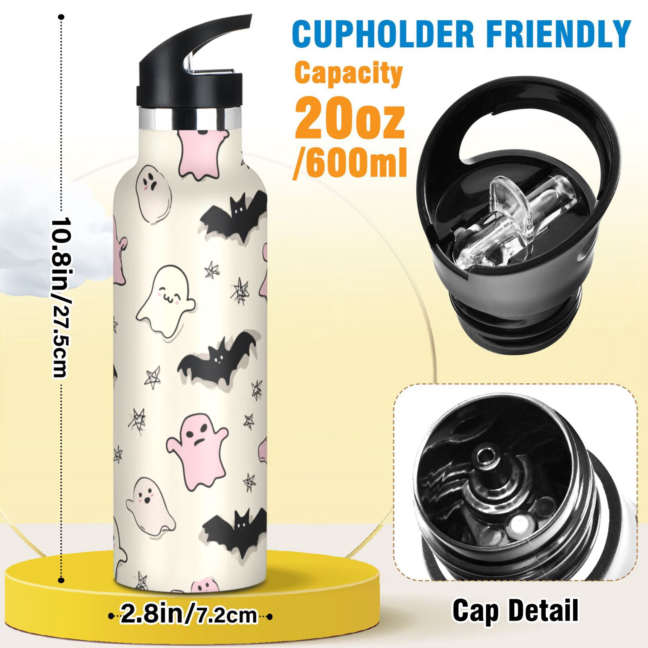 Kids Insulated Stainless Steel Sports Water Bottle 600ml (20oz) Cute Pastel Ghosts Pattern