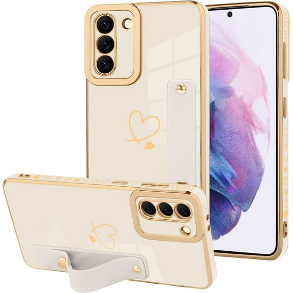Galaxy S21 Plus 5G Luxury Electroplated Case with Strap Love Heart Plating Gold Bumper Cover for Women Girls Anti-Scratch Shockproof Back Phone Case for Samsung Galaxy S21 Plus 5G 6.7 Inch