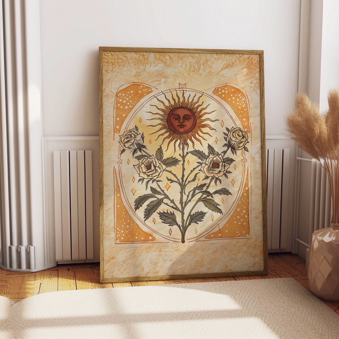 Sun Art Poster Mystical Folk Art Illustration Flowery Spiritual Print Botanical Rose Boho Wall Art Earth Tones Flowery Bedroom Decor Wall Art Modern Wall Decor 24x36 UNFRAMED