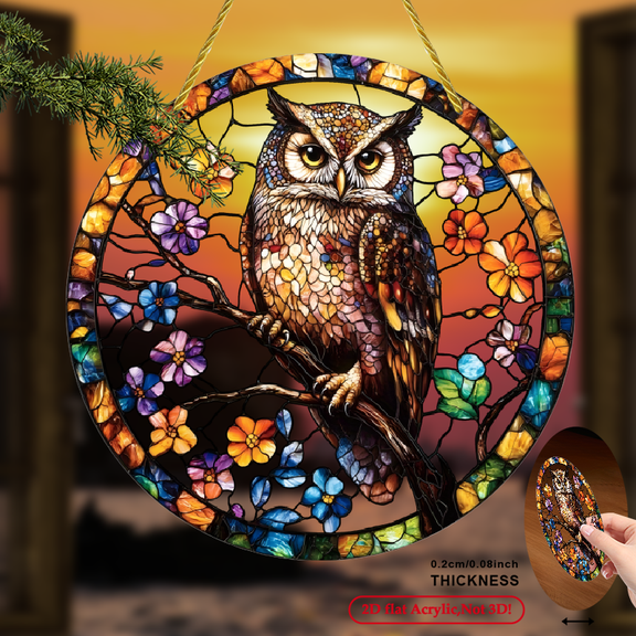 2D Flat, 1pc Majestic Owl Blooming Flowers Sun Catcher - 8x8 Inch Circular Acrylic Window Hanging Decor, Vintage Stained Glass Style 2D Flat Art with 3D Visual Effect, Vibrant Colors for Home De