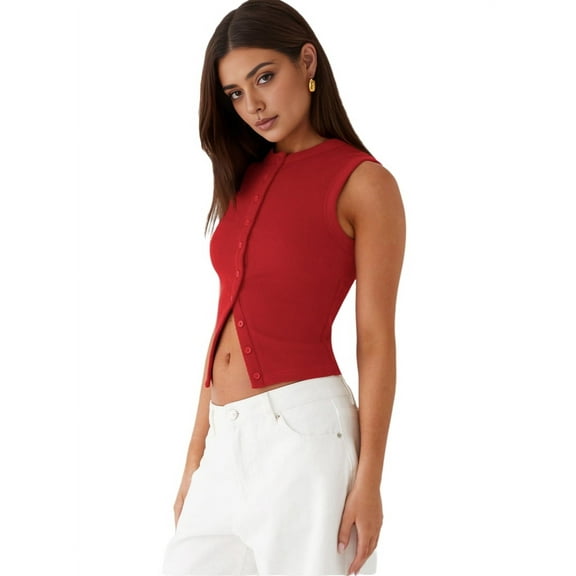 Women'S Sleeveless Round Neck Slim Fit Ribbed Button Vest red S