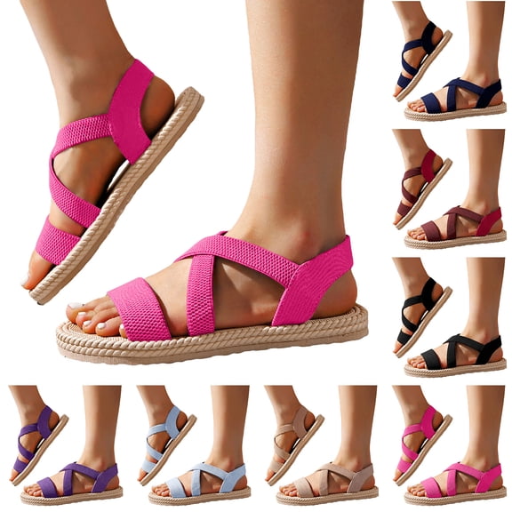 Pandaie Flat Sandals Womens Slip on Summer Beach Vacation Shoes Elastic Criss Cross Band Casual Walking Slides with Arch Support Beige 6.5