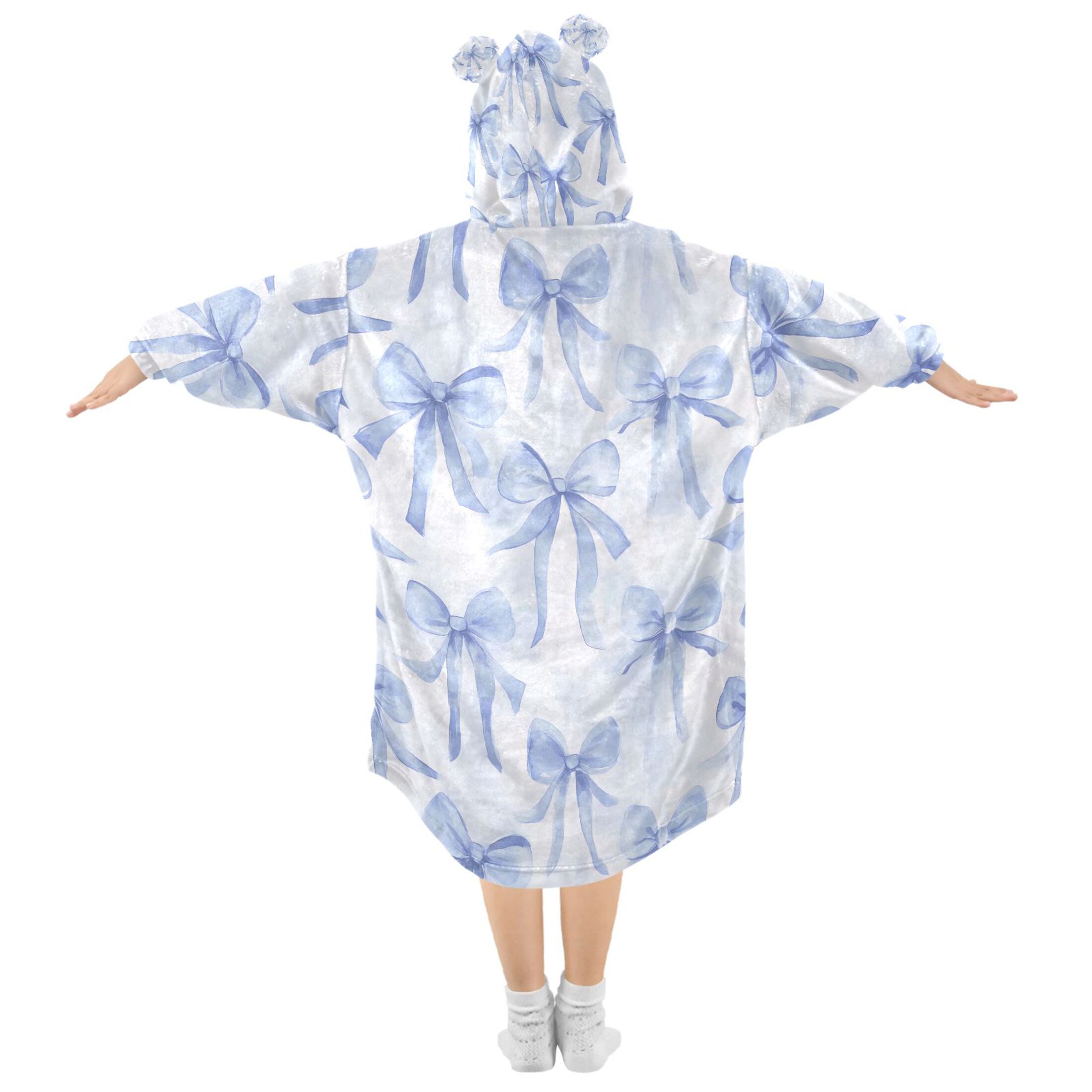 joogoo Wearable Blanket Hoodie for Watercolor Bow Blue Flannel Sherpa Pocket 3-14 YR S
