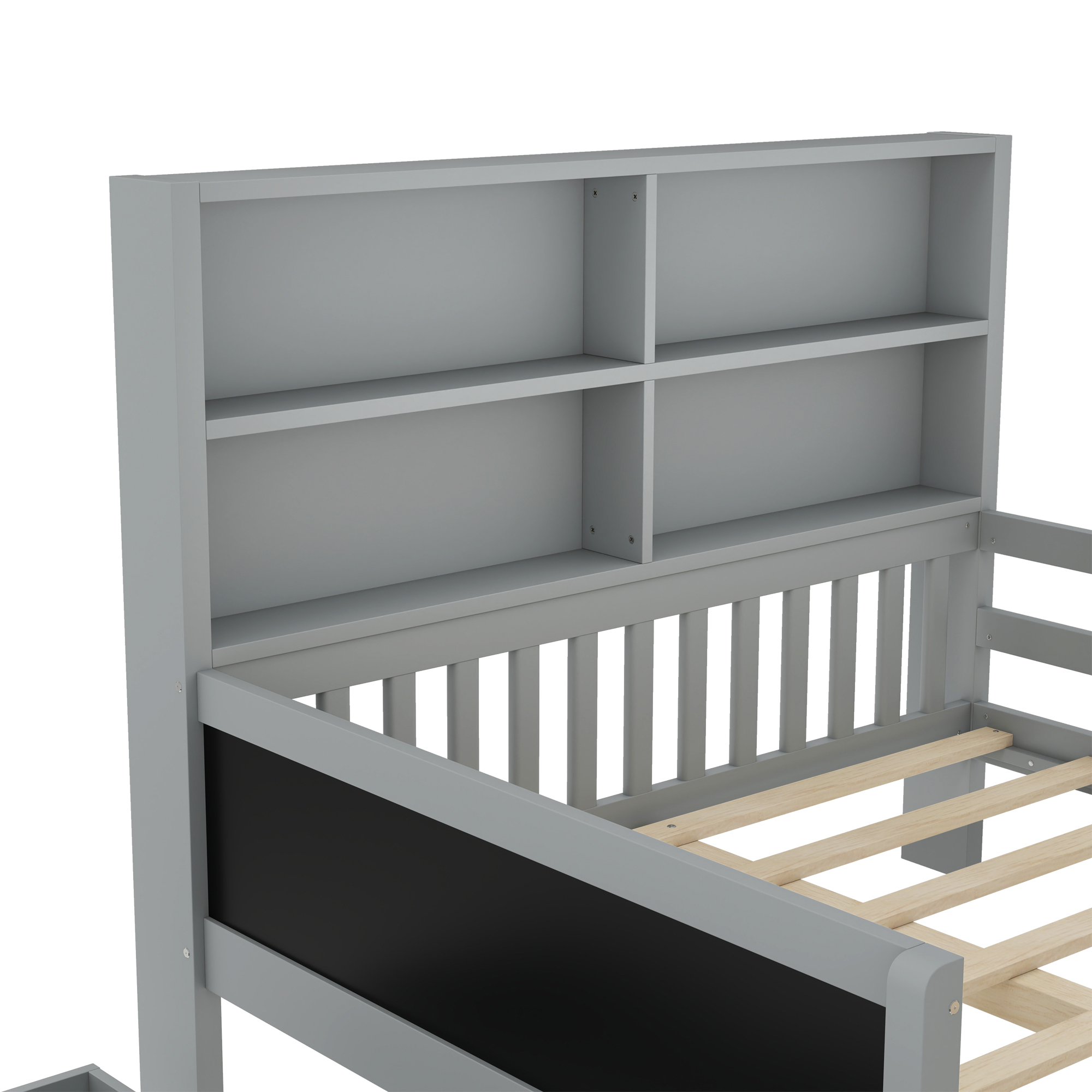 Mintazer Full Kids Platform Bed with Storage Headboard Shelves and Chalkboard, Wood Slat Support Storage Bed with 2 Drawers & Satety Fence for Boys Girls, Gray