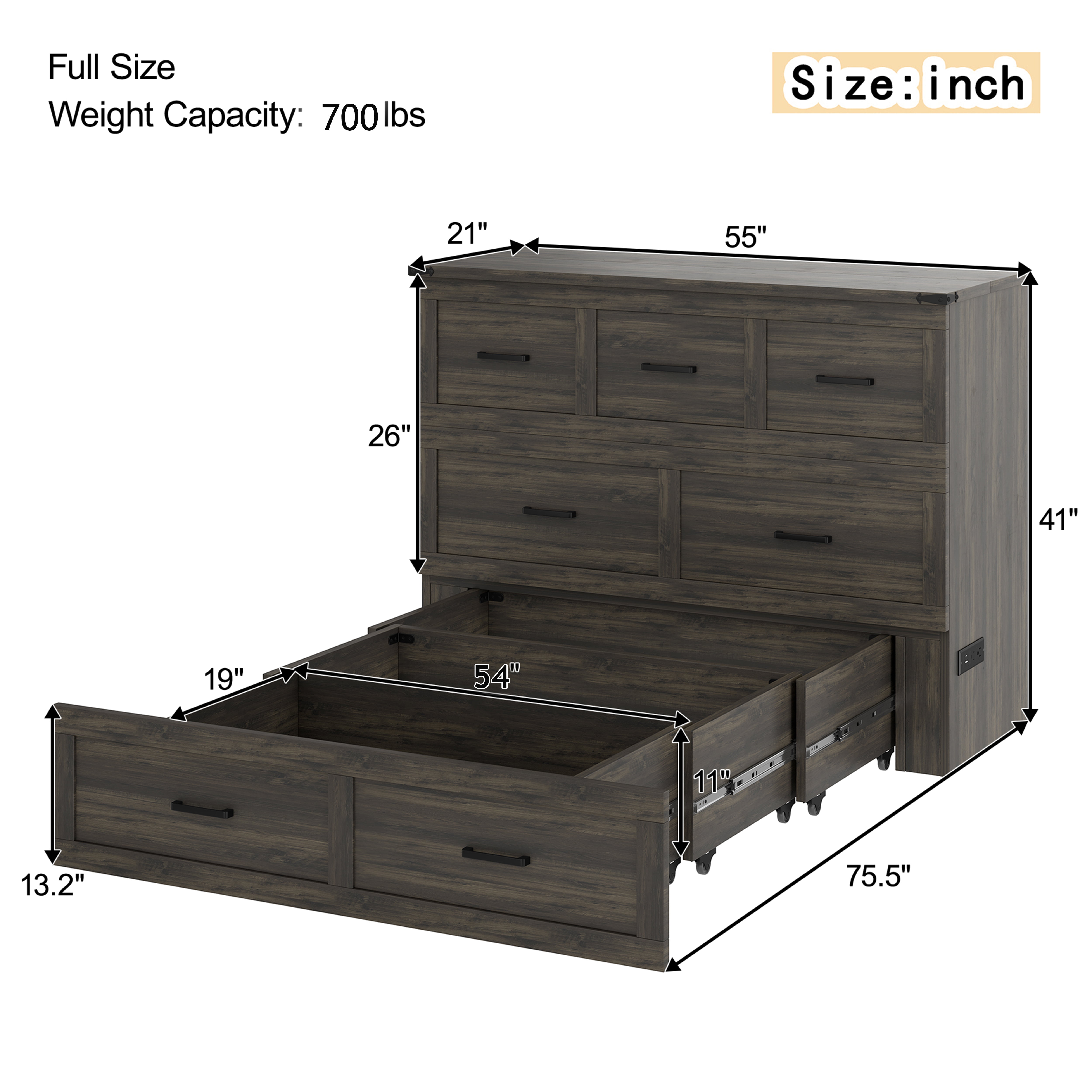 Mintazer Full Murphy Cabinet Bed with Charging Station & Large Storage Drawer, MultiFunctional Foldable Platform Bed for Guest Room Bedroom, Brown