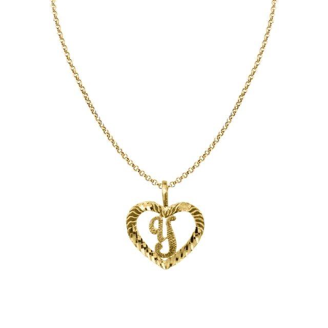 14k Yellow Gold Diamond-Cut Heart-Shaped Initial Letter 'Y' Pendant with 1.2mm Rolo Chain
