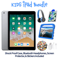 thumbnail image 1 of Restored Apple iPad 6 Kid's Bundle - 9.7" 128GB Space Gray (Wi-Fi) - Shock Proof Case, Bluetooth Headphones, Screen Protector, Kid's Stickers, and Charger Included (Refurbished), 1 of 5