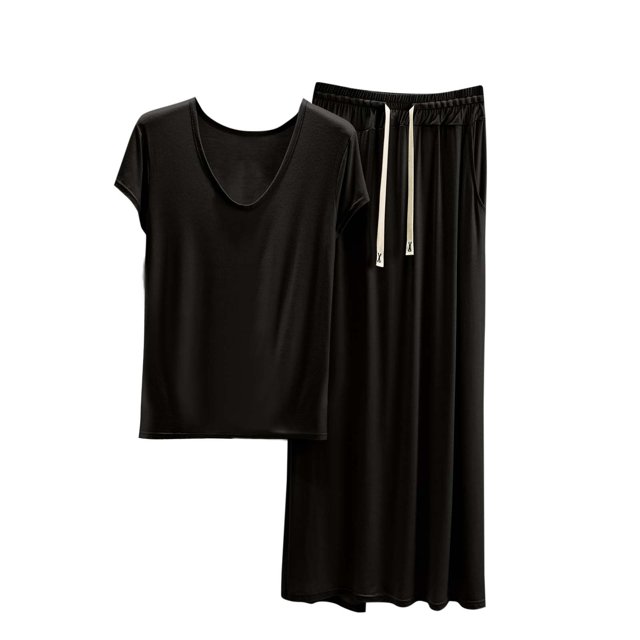 cfhntfmh Womens Two Piece Modal Pajama Set Short Sleeve Shirt with Long Pajama Pant Set Soft Pj Loungewear with Drawstring