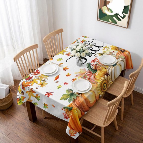 Hello Fall Table Cloth Waterproof Tablecloths, Orange Pumpkins Thanksgiving Maple Leaf Tablecloth Dining Table Cover for Kitchen Party Tabletop Outdoor, Rectangle Tablecloth 52x70 Inch