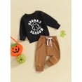 thumbnail image 3 of Wassery Baby Boy Halloween Clothes Toddler Boys 2 Piece Fall Tracksuit Outfits Letter Ghost Print Long Sleeve Sweatshirt and Elastic Pants 0-3 Years, 3 of 8