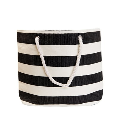 20” Black and White Striped Pattern Straw Beach Tote Bag with Pocket ...
