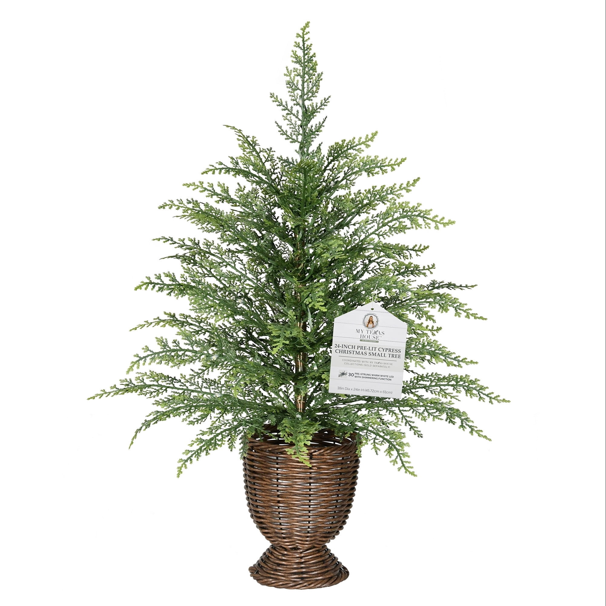 My Texas House 24" Small Pre-Lit Cypress Green Artificial Christmas Tree with 30 Warm White Twinkle LED Lights in Woven Basket