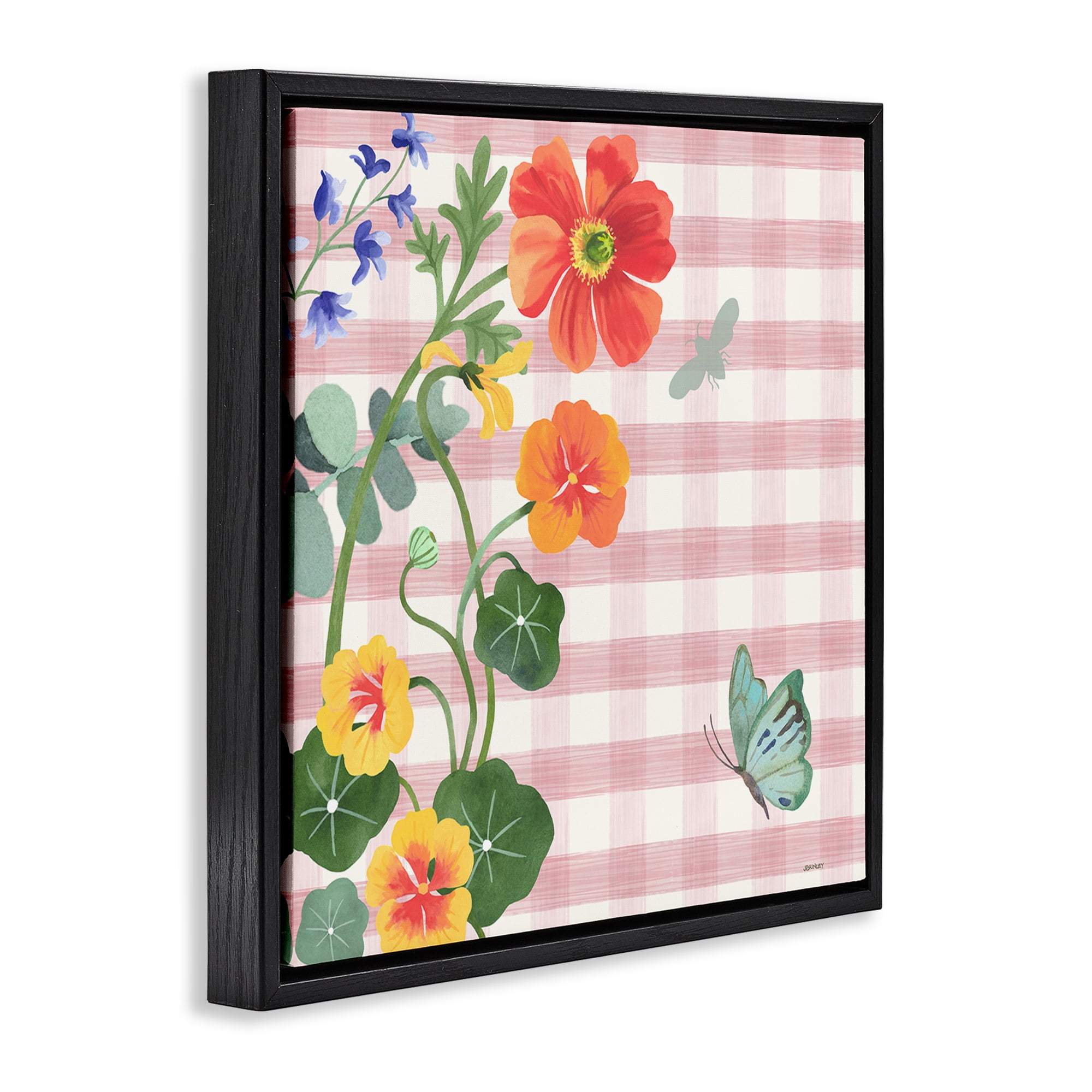 Stupell Industries Garden Poppies on Gingham Botanical & Floral Painting Black Floater Framed Canvas Art Print Wall Art, 25 x 25