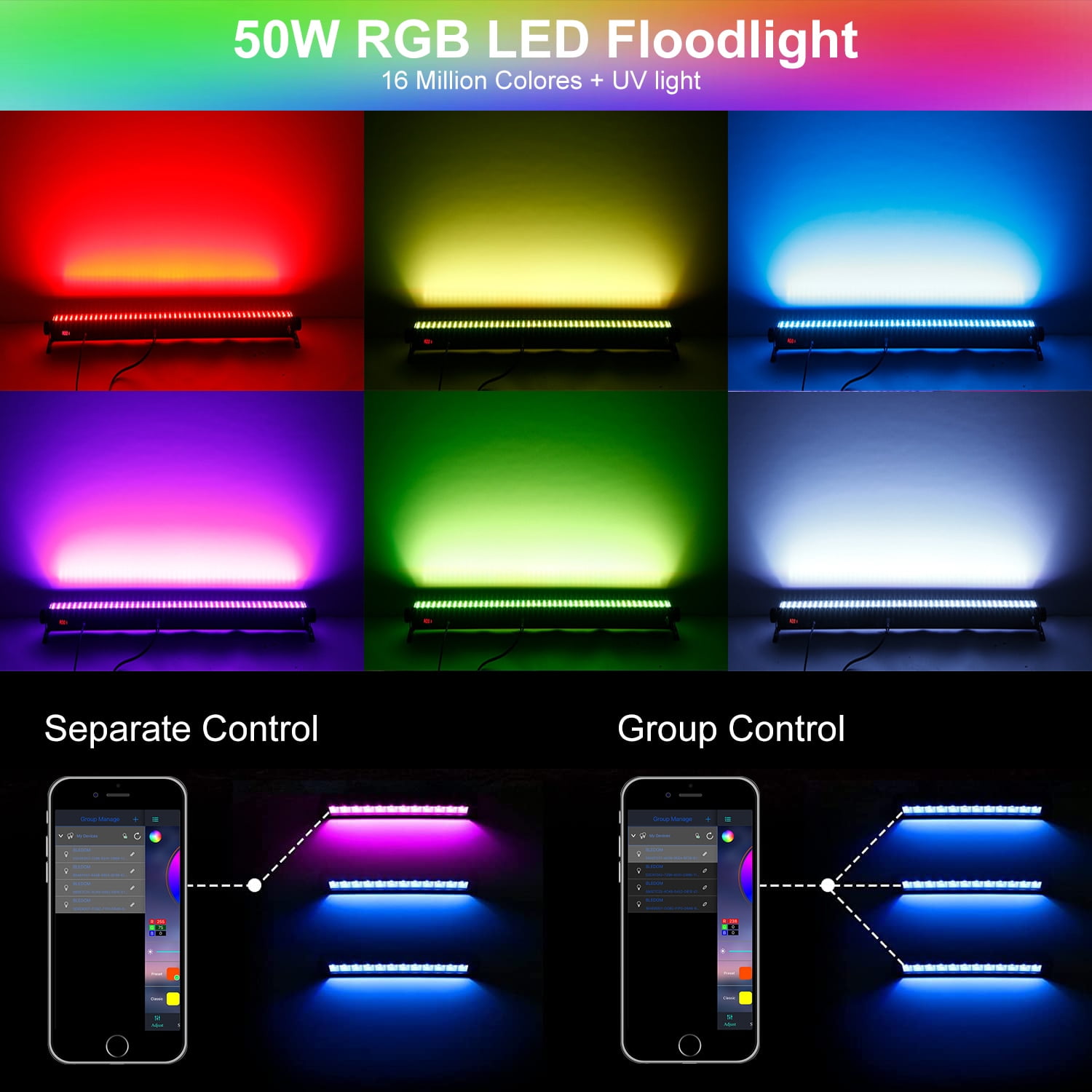 2 PCS UV+RGB Lights 50W,Color Changing Lights,Black Light for Glow Party,RGB Flood Light,with Switch and Remote,for Garden Lighting