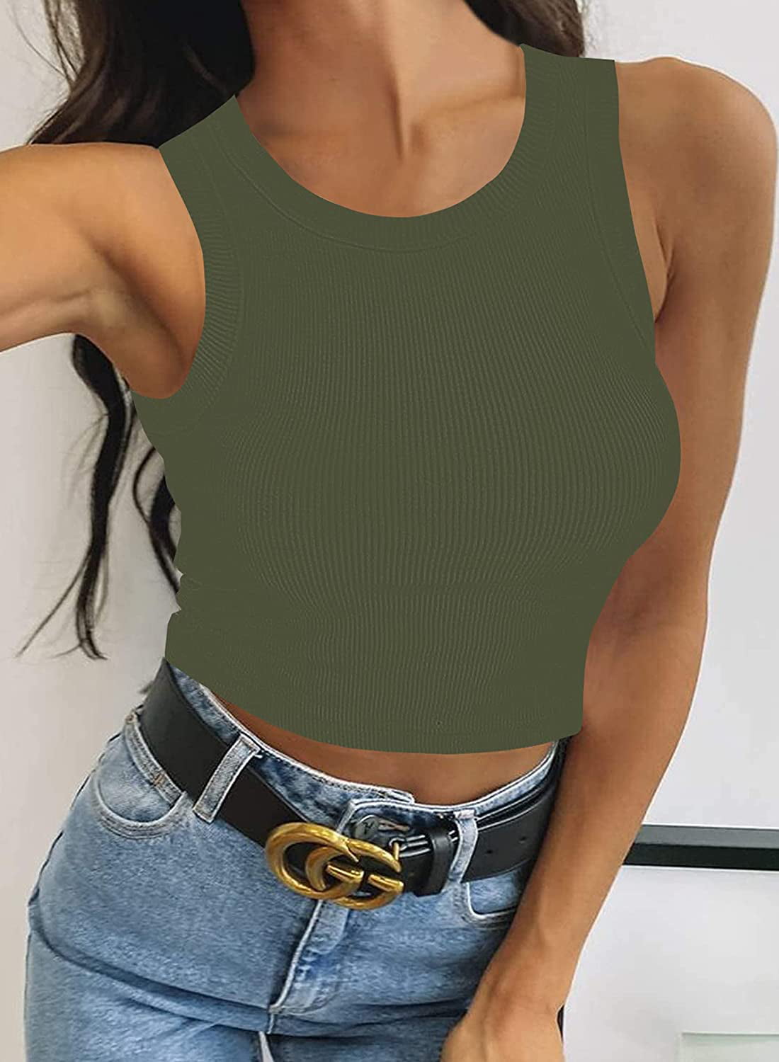 Vafful Summer Cropped Tank Tops for Women Cami Basic Top Shirt Ribbed  Racerback Blouses Army Green M 