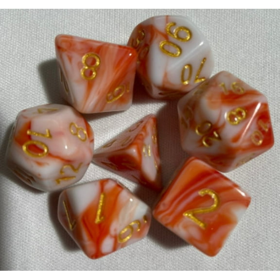 Galactic Dice Acrylic Sets - White & Orange Swirl Set of 7 Dice