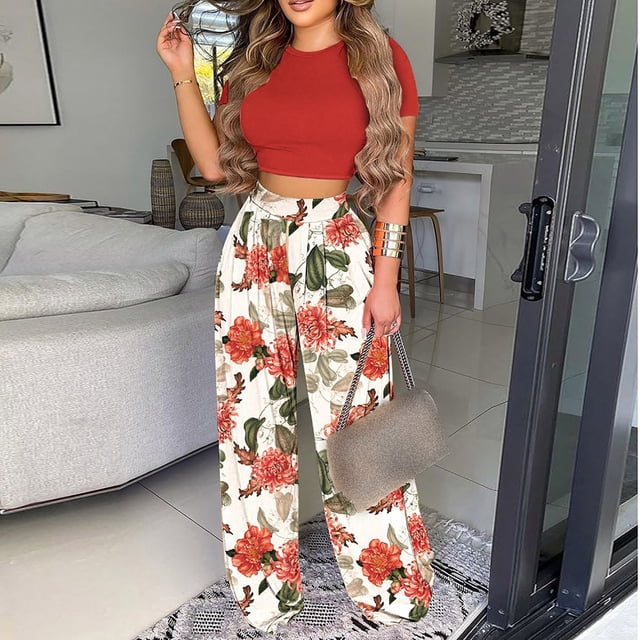 Ensemble d'Été 2 Pcs pour Femmes Imprimé Deux Pièces Manches Courtes Col Rond Haut Pantalon Large Ample Pantalon Long Ensemble Décontracté Femmes Ensemble Deux Pièces en Solde