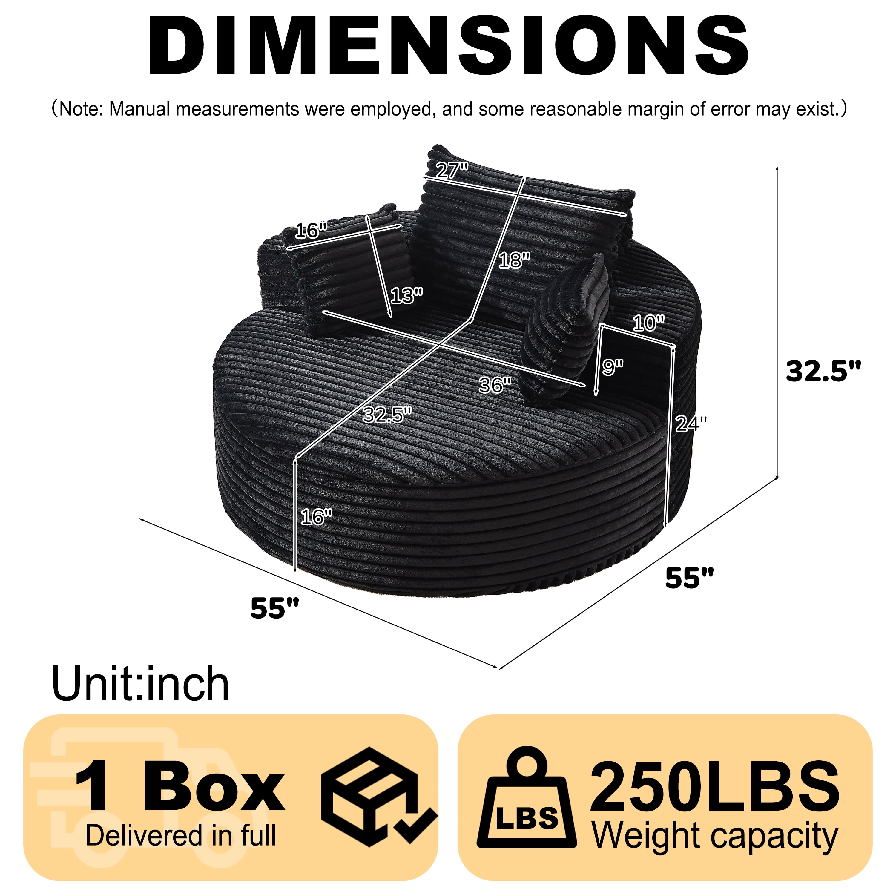 Single Sofa 55 Inch, Corduroy Fluffy Lounge Chair for Living Room and Bedroom, Modern Sleeper Chair for Lounge and Projection Room, No Assembly Required, Black