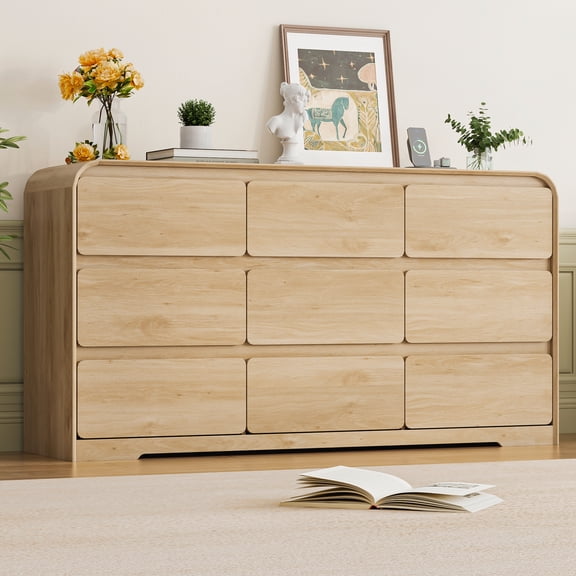 ANPOO 9 Drawers Dresser for Bedroom, 63"W Dressers & Chest of Drawers w/Power Outlet, Curved Design, Wood Mid Century Storage Cabinet, Natural Texture, for Bedroom, Hallway, Nursery, Oak