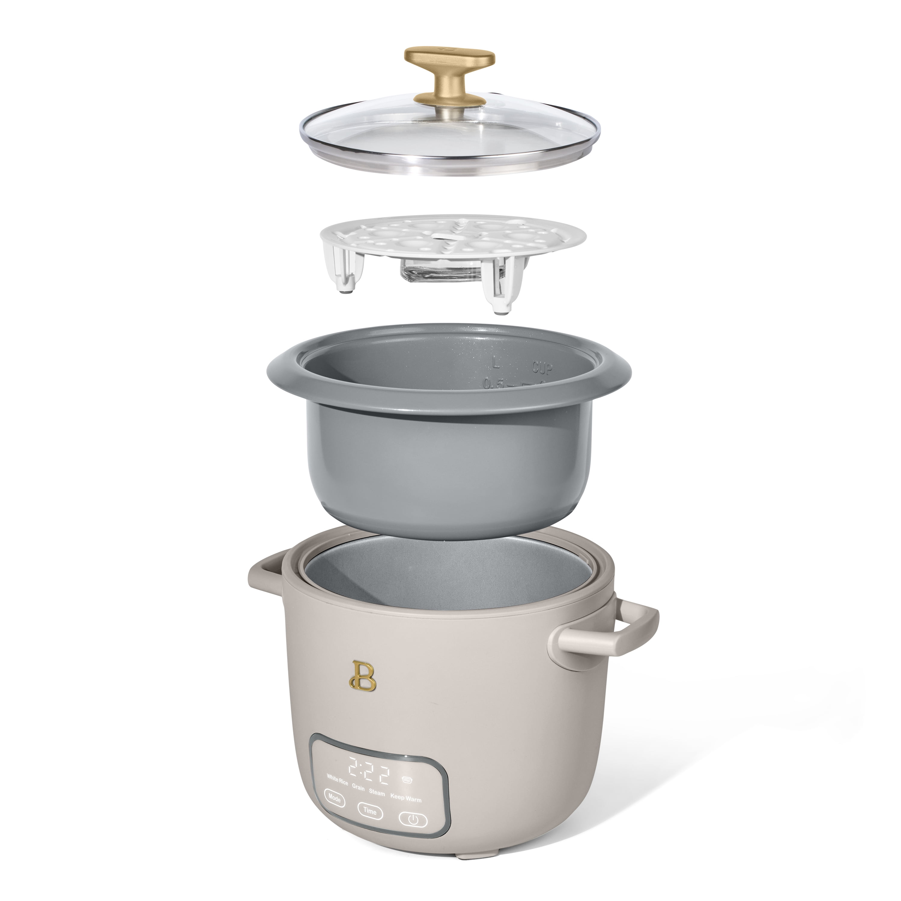 Beautiful 6-Cup Cooked, 3-Cup Uncooked Digital Electric Rice and Grain Cooker with Glass Lid, Porcini Taupe by Drew Barrymore