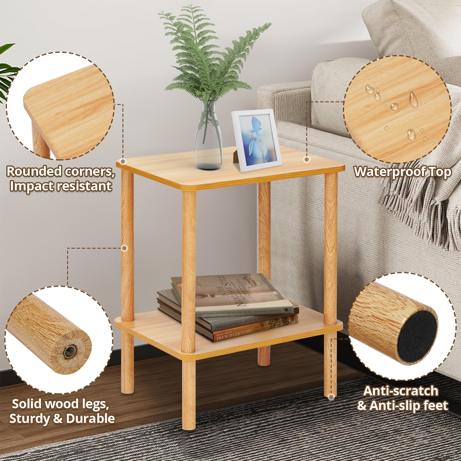 HONEIER 2 Tier Side table, Boho End Table with Storage Shelf, Nightstand with Wood Leg Bedside Table for Small Spaces, Bedroom, Living Room, Entryway, Farmhouse, Easy Assembly, Natural