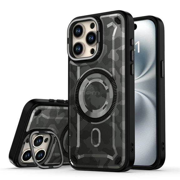 For Apple iPhone 16 Pro Camo Magsafe Wireless Charge Lens Protection Frame Kickstand Shockproof Protective Hybrid Case Cover Black