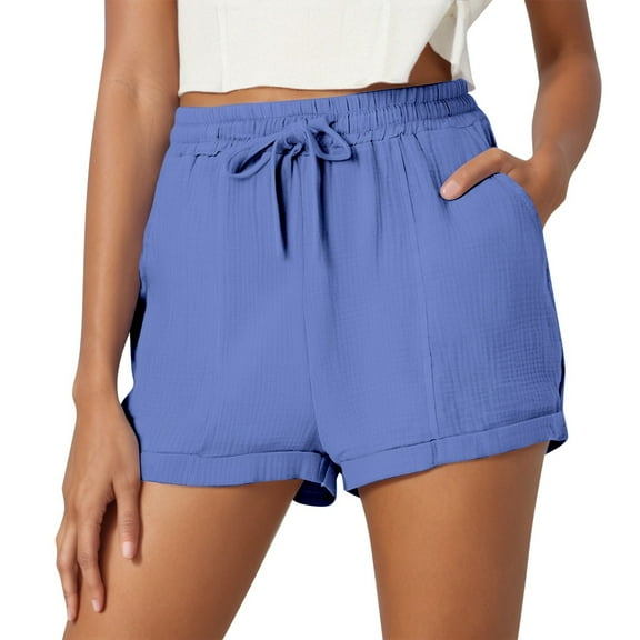 Women's Solid-Color Casual Fashionable Plain Weave Fabric Drawstring Pocket Shorts Beach Shorts